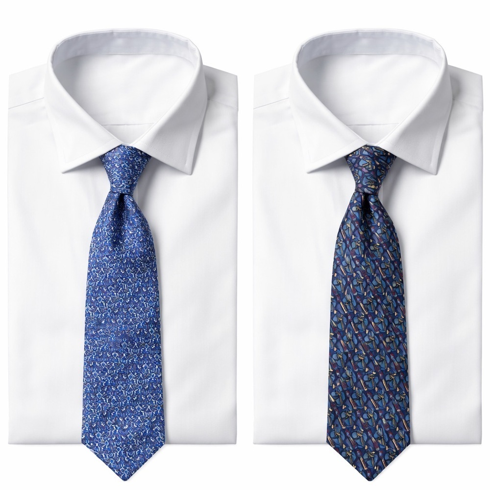 Two Ties 2 Widths 100% Silk in Patterned Blue Tones